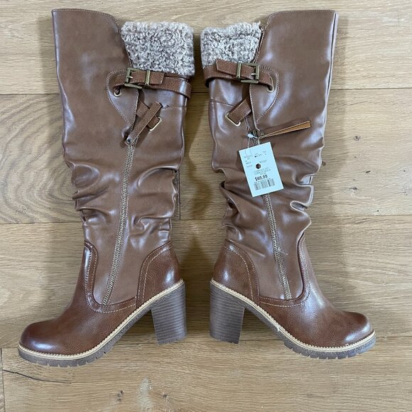 Women’s Size 8 Brown Heeled Bootstraps Brown Heeled Boots Faux Leather Faux Fur - Picture 3 of 10